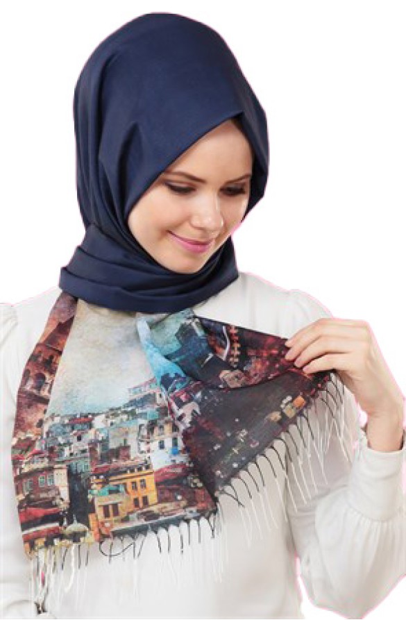 Cachmira Dijital Polyester Lacivert Şal